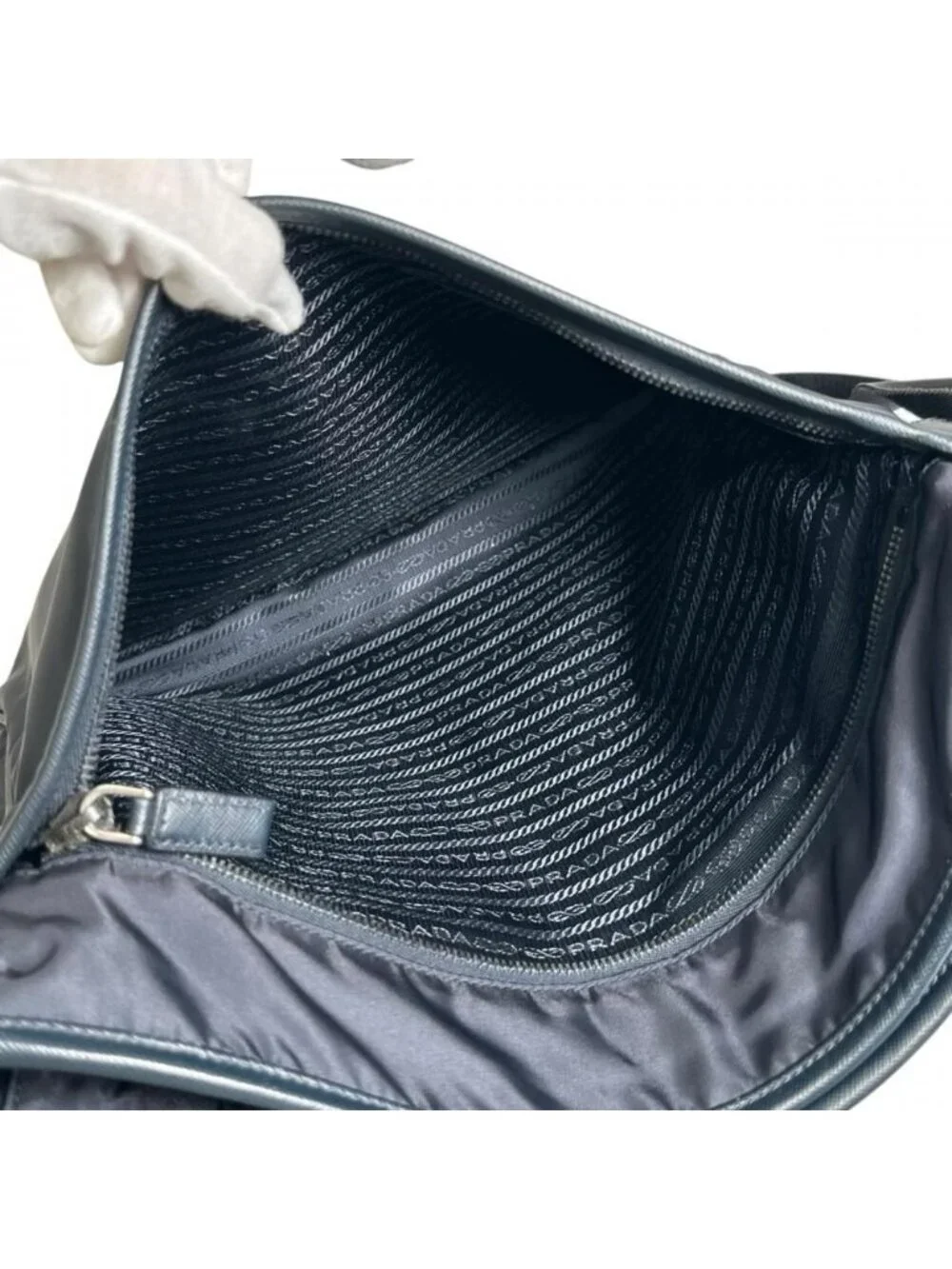 Prada Shoulder Bag Crossbody Nylon Saffiano Leather Navy Silver